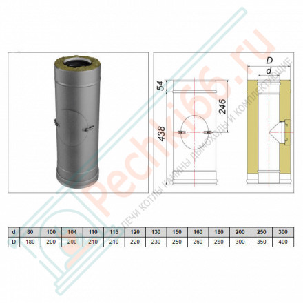 Труба V50R с лючком ревизии с изол L=500 (AISI-321/0,8-AISI-304/0,5) d-115/215 (Вулкан-Cerablanket)